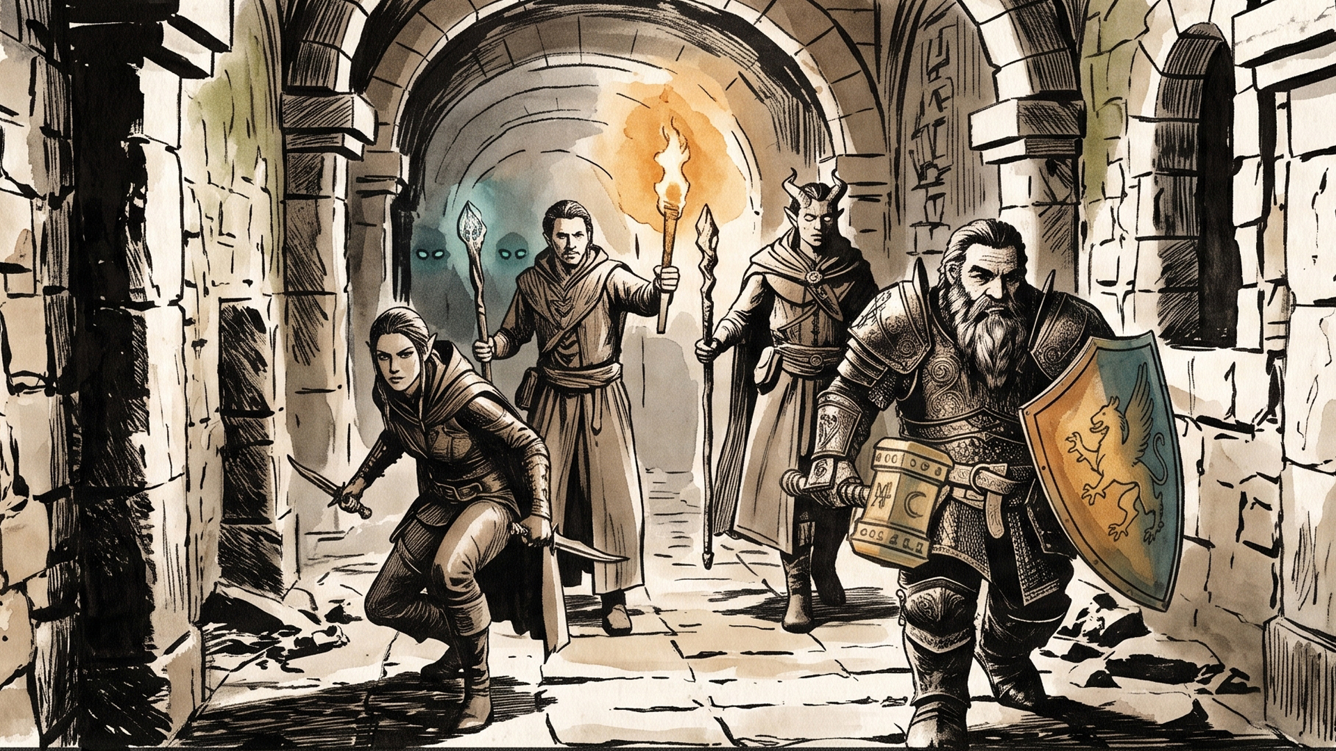 Four adventurers advancing down a torchlit dungeon corridor